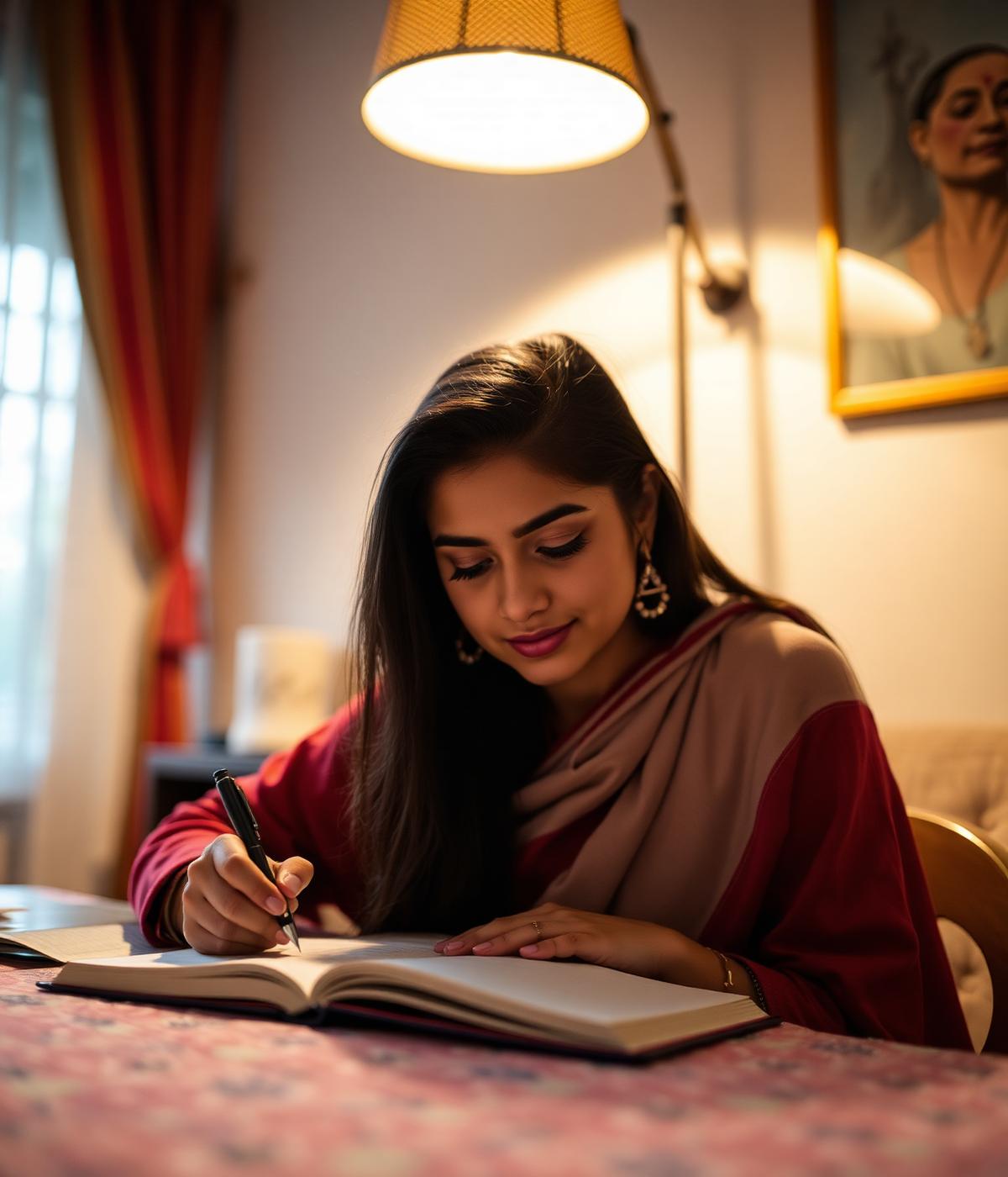 Young woman writing neat handwriting in a notebook