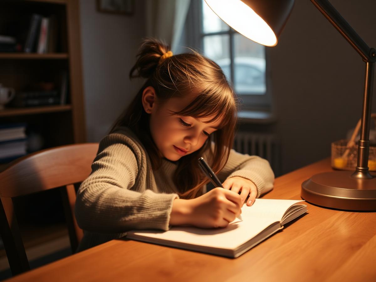 Girl writing cursive handwriting at desk under warm lamp