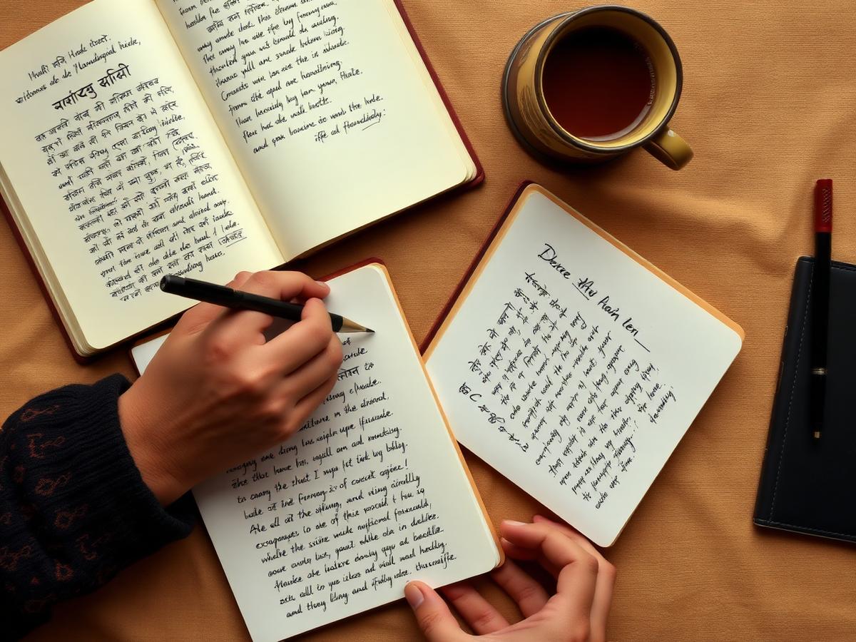 Flatlay of hands writing Hindi and English handwriting with chai